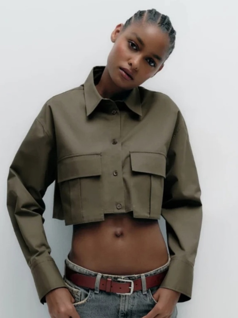 Zara Cropped Utility Jacket in Olive - Picture 2 of 4